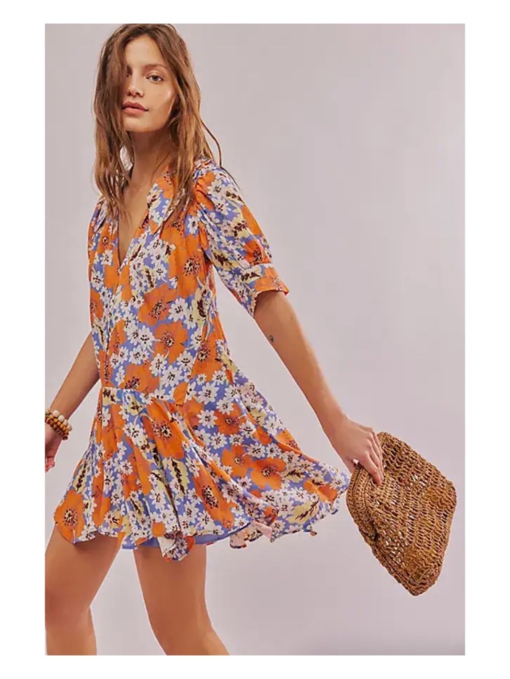 Free People Orange Floral Mini Dress with Blue and White Flowers NWT